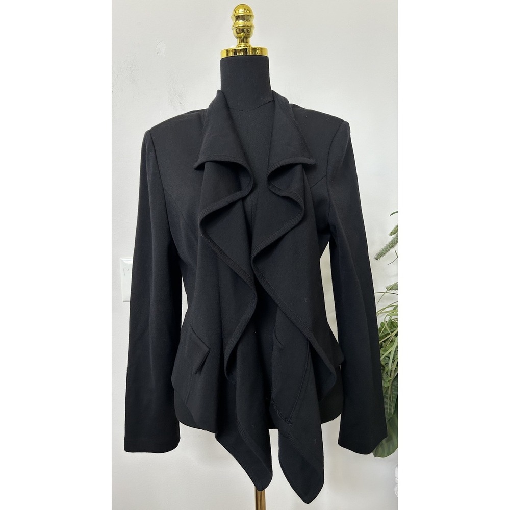 St John Black Label Black Open Front Ruffle Cascading Knit Blazer Jacket 16 EUC!